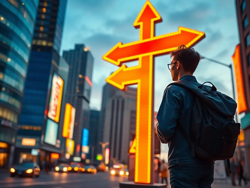 A recent graduate looking thoughtfully at a career path road sign, symbolizing the uncertainty of a first job. The setting is a vibrant city.