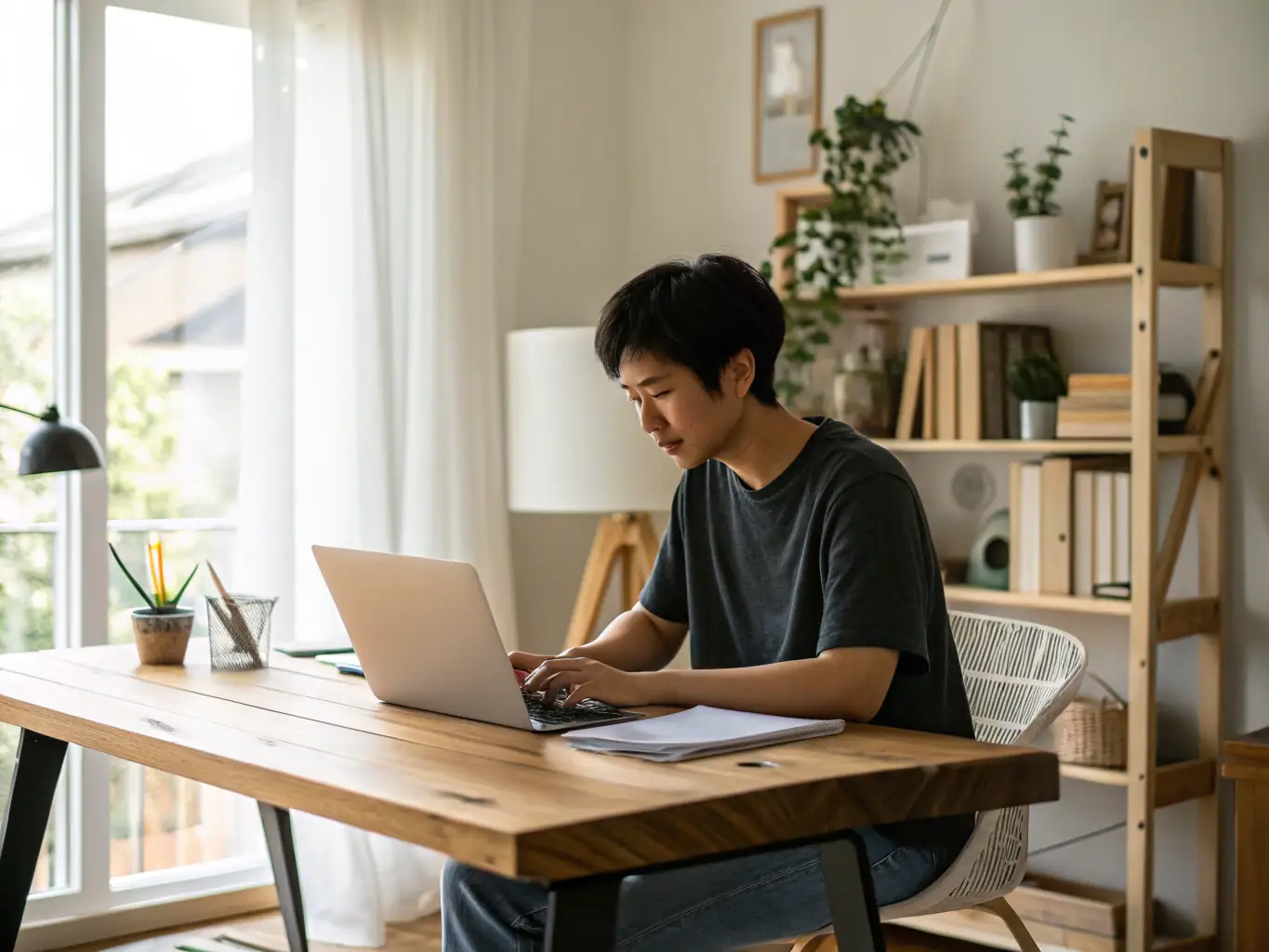 A young professional sitting at a desk, looking stressed while preparing for an interview, using UPLY on their laptop to practice common interview questions and receive instant feedback.