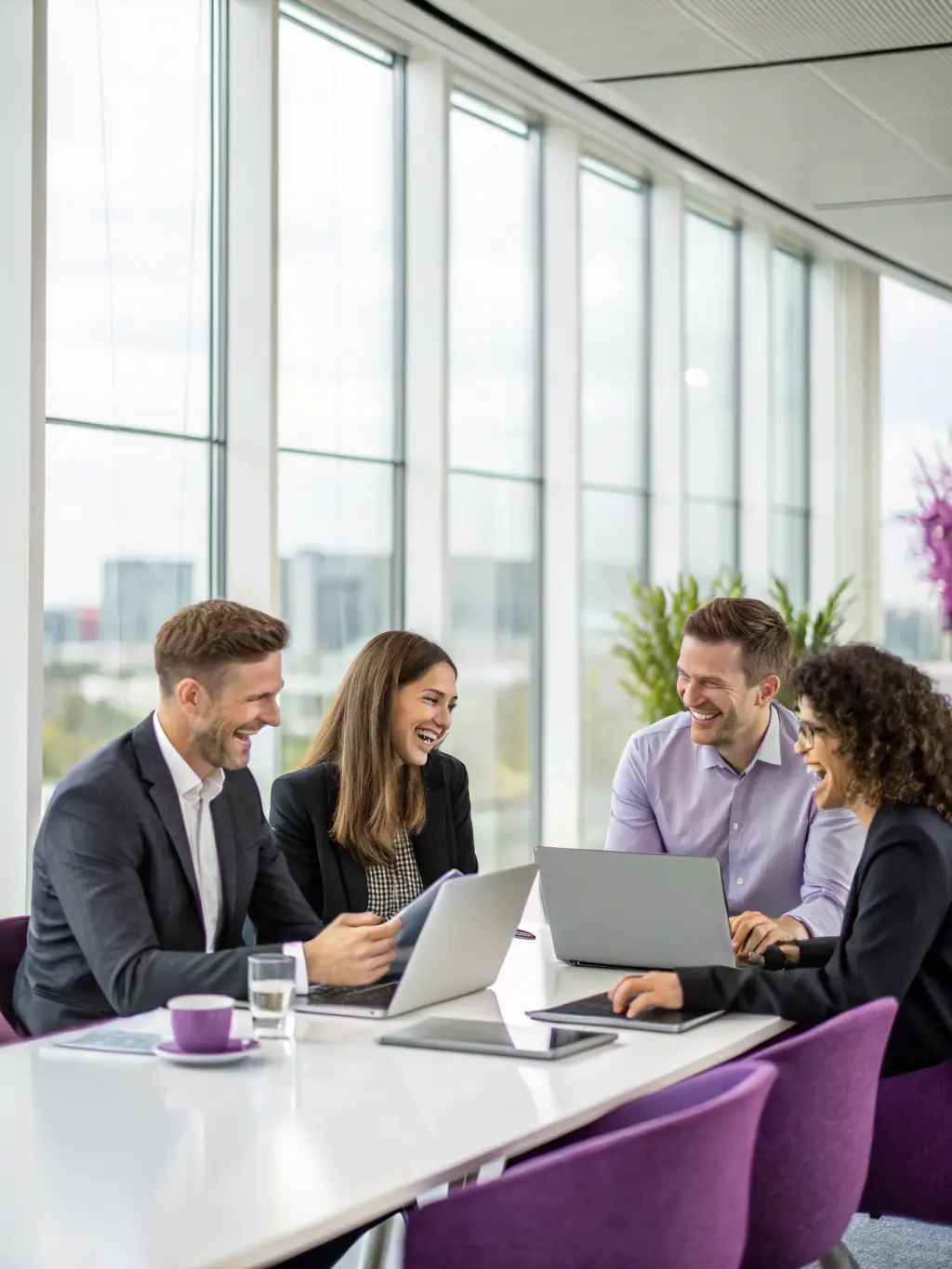 A diverse group of young professionals are collaborating around a table, using UPLY on their laptops and tablets. The atmosphere is collaborative and supportive, highlighting the platform's community aspect.
