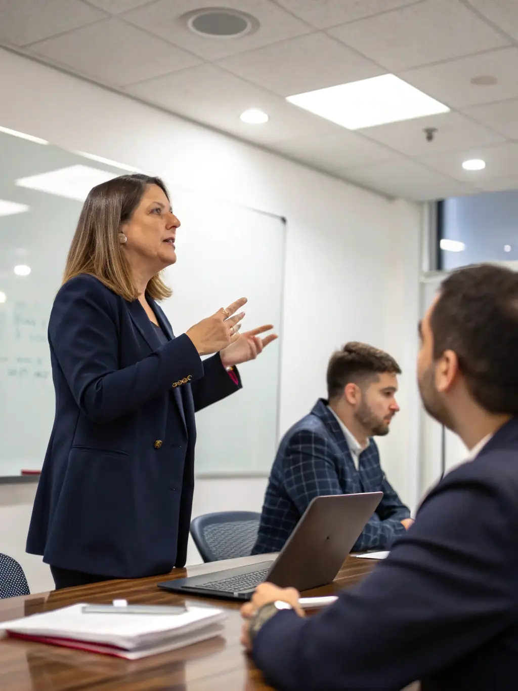 A young professional confidently presenting their ideas in a meeting, demonstrating the impact of UPLY on their career growth and self-assurance. The atmosphere is collaborative and empowering.