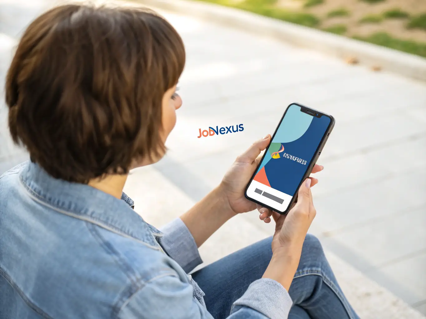 A person looking confidently at their phone, which displays the UPLY app interface, showing job search tools and career advice.