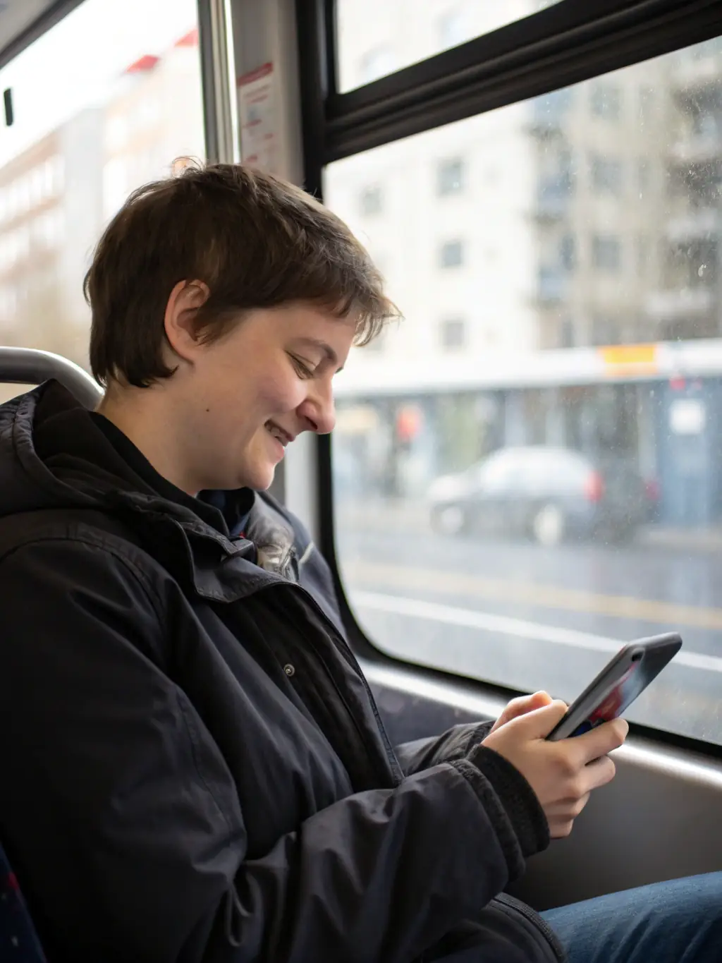A young professional using UPLY on their phone during their commute, practicing interview questions and refining their elevator pitch.