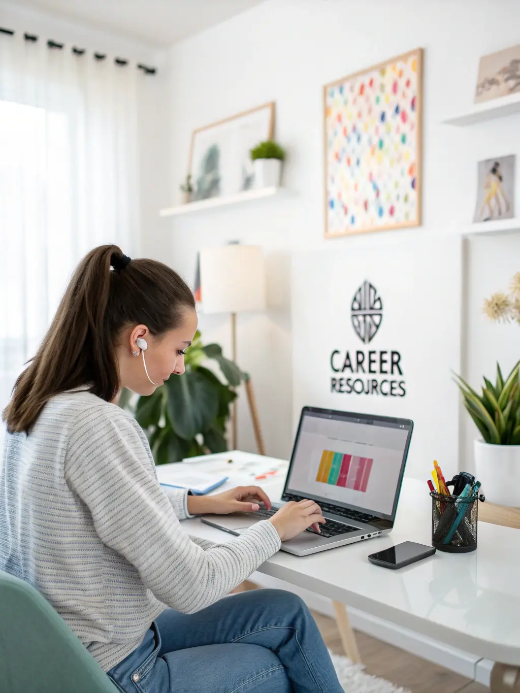 A young professional is sitting at a desk, looking thoughtfully at a computer screen displaying a career scenario. The lighting is soft and professional, emphasizing the focus on problem-solving.