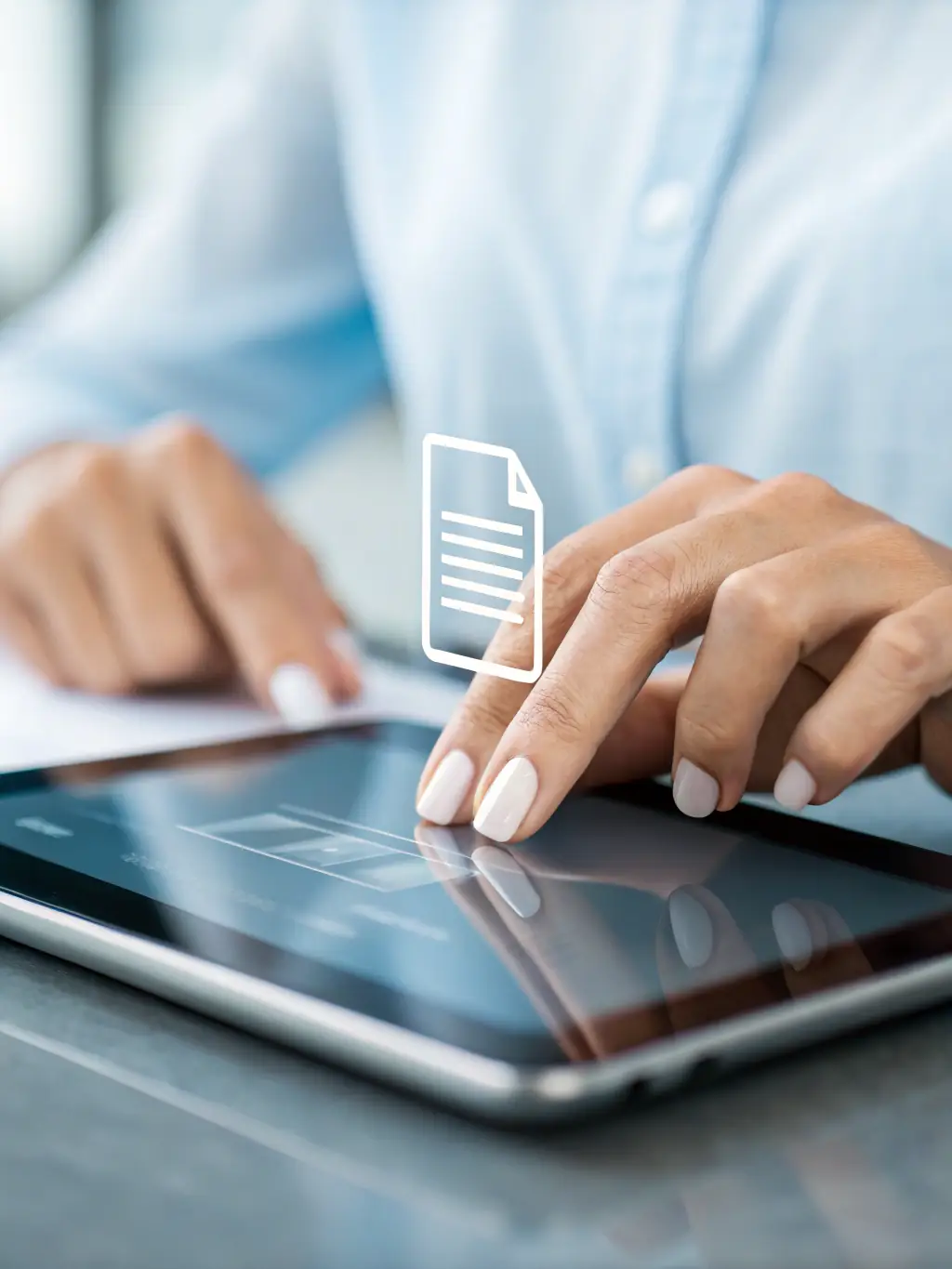 A hand points to a clear, concise guide on a tablet screen, surrounded by supportive icons and graphics. The scene is bright and encouraging, symbolizing accessible learning.