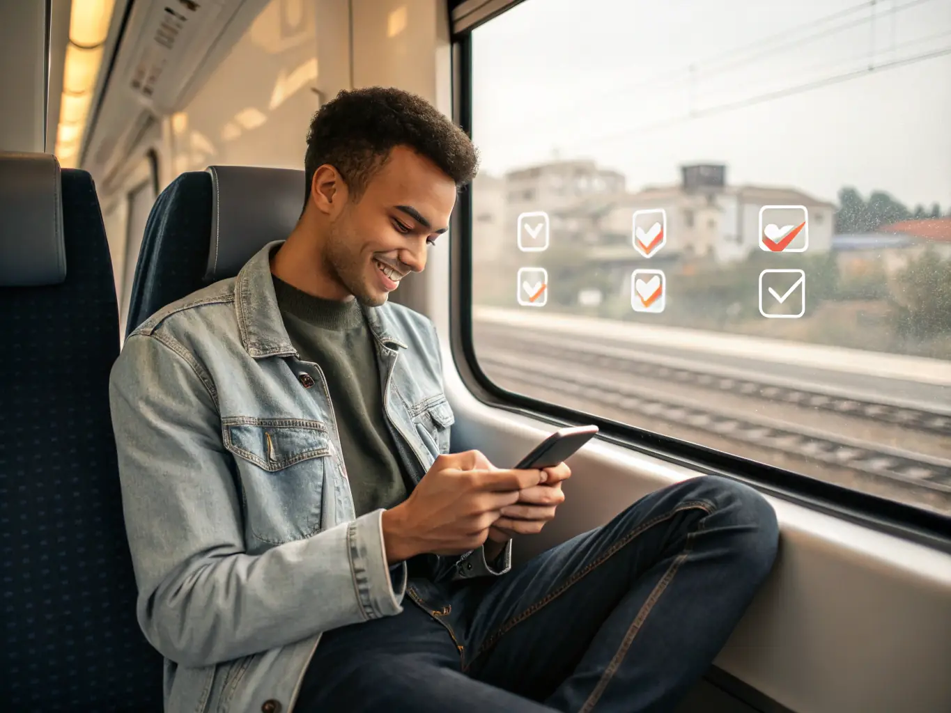 A person looking thoughtfully at their phone while commuting, using UPLY to explore different career paths and make informed decisions about their professional future.