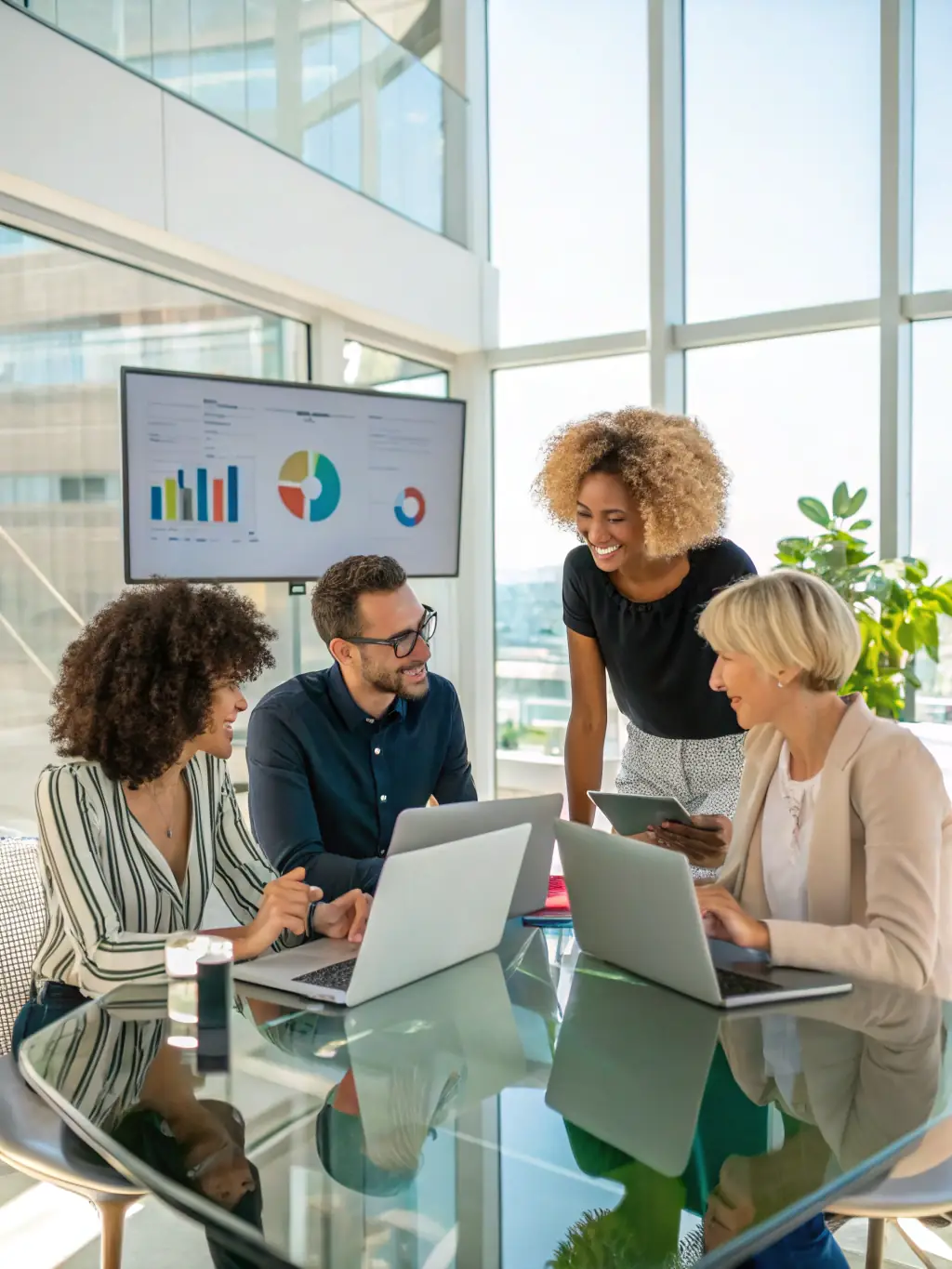 A diverse group of young professionals collaborating on a project in a modern, sunlit co-working space, symbolizing early access to UPLY's collaborative features.